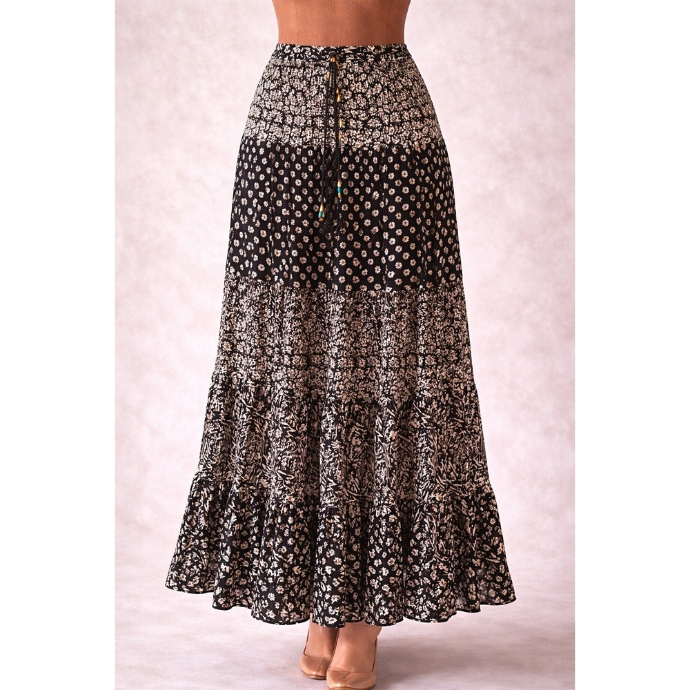 Chaudry KC Boho Maxi Skirt Womens 3X Black White Rayon Deadstock India Festival